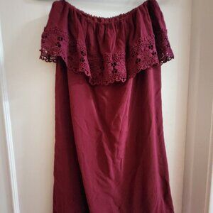 Forever 21 Boho Wine Red OTS Dress with Floral Lace Trim - Medium